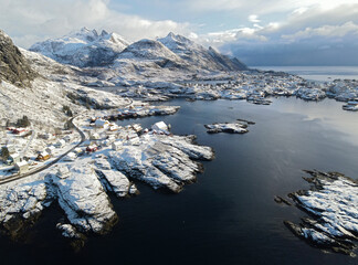 Tind & Sorvagen aerial view, Lofoten Islands, North Norway