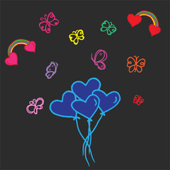 shape of heart balloon with rainbow and butterfly illustration isolated on dark background. hand drawn vector. doodle art for wallpaper, greeting, invitation, poster, banner. romantic background. 