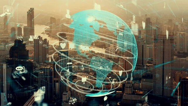 Global connection and the internet network modernization in smart city . Concept of future 5G wireless digital connecting and social media networking .