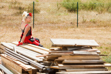 Woman taking break on construction site