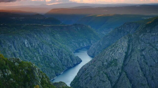 Time lapse of clouds moving at sunset over river Sil Canyon in Parada de Sil in Galicia, Spain. View from Cabezoa lookout. Place to visit.