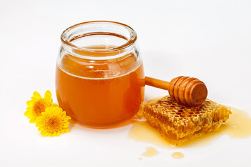 flower, honey jar and honeycombs on white background. 