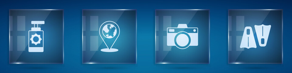 Set Sunscreen spray bottle, Location on the globe, Photo camera and Rubber flippers for swimming. Square glass panels. Vector © Vadim