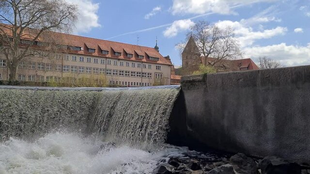 Waterfall on river Weser in city Hamelin in Germany