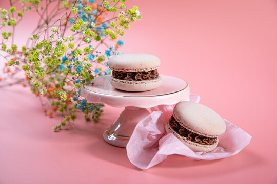 Macaron zwei St&uuml;ck, eins auf rosa Kuchenschale. Blumen Gipsofila. Rosa Hintergrund. 