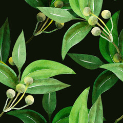 Watercolor laurel branch seamless pattern.Image on a white and colored background.