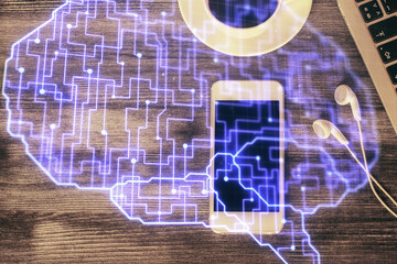 Multi exposure of brain drawing over work table desktop. Top view. Global data analysis concept.