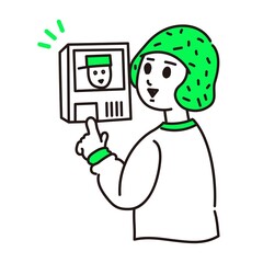 インターホンで訪問者に対応する女性