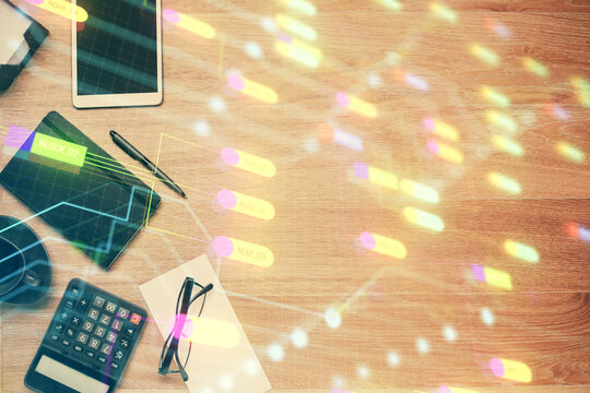 Double exposure of data theme drawing and office interior background. Concept of technology.