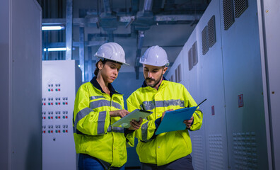 Engineer checking and inspecting at MDB panel .they working with electric switchboard to check range of voltage working in Main Distribution Boards factory.