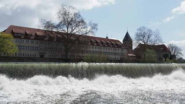 Waterfall on river Weser in city Hamelin in Germany