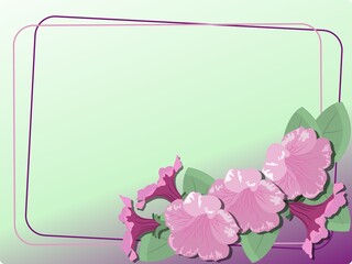 Vector illustration, Card with blank space for text, background with pink petunia flowers