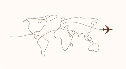  Travel by plane concept with top view airplane silhouette with single line path shaped world map behind it. Isolated on white background. Travel or vacation concept. Minimalistic vector illustration. © paul_craft