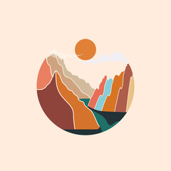Circle shaped colorful abstract mountains landscape emblem or badge or wall art or sticker design template. Vector illustration