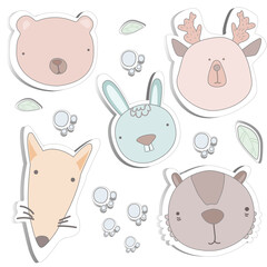 Cute cartoon animals heads set. giraffe, elephant, sloth, rooster, panda, zebra, cat, frog, mouse, deer, penguin, raccoon, fox, dog, rabbit