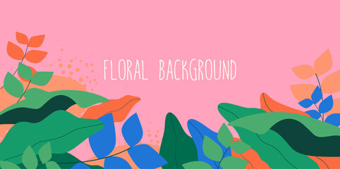 Abstract trendy minimalistic floral background with flat styled colorful tropical leaves on pink background for postcard or cover or greeting card design. Vector illustration