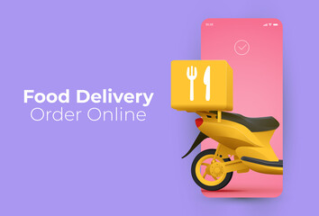Trendy minimalistic food delivery service or online food order application  banner design template with smartphone screen and delivery scooter or it. Vector illustration