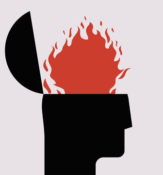 Burning brain or professional or emotional burnout or stress or overworking  exhausting concept with burning human head silhouette. Conceptual vector illustration