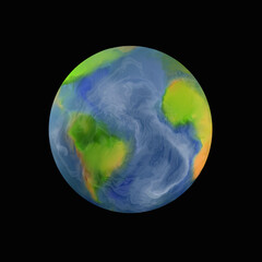 illustration of planet earth, globe on black background, isolated.