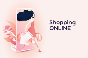 Online shopping or online boutique banner concept with pretty woman in dress holding shopping bags and comes out of the mobile screen on light pink background. Vector illustration
