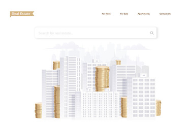 Real estate investment website homepage or banner concept with city landscape and golden coins stacks on white background. Vector illustration