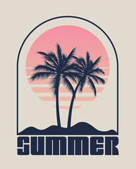 Summer time emblem or logo or label or t-shirt or poster design template with palm trees silhouette on sunset background. Summer vacation or tourism concept. Vintage styled vector illustration.