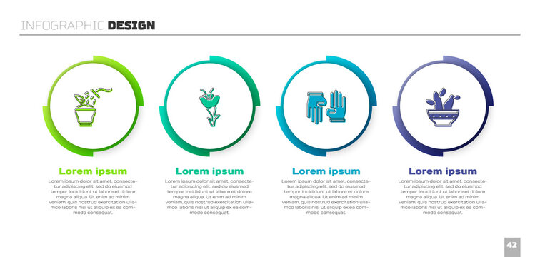 Set Spraying plant, Flower, Rubber gloves and Cactus peyote pot. Business infographic template. Vector