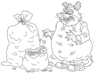 Spiteful and greedy of gain fat old rat tax collector with a shabby tail and big bags of coins for royal taxes, black and white outline vector cartoon illustration for a coloring book page