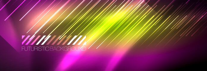 Neon glowing lines, magic energy and light motion background. Vector wallpaper template