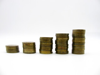 Columns of coins arranged in ascending order on a white background. The Russian coin is ten rubles.