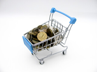 A bunch of Russian ruble coins in the shopping cart.