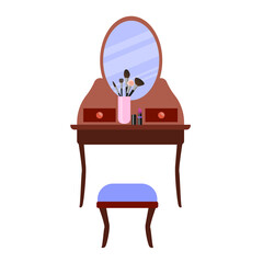 Dressing table with mirror and stool  in vintage style. Cosmetics, jewelry box, makeup brushes, perfume, and a comb on the table. Vector illustration in cartoon flat style