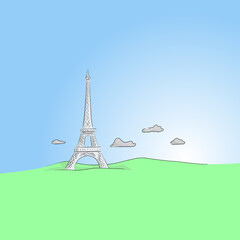 Eiffel Tower on the background of mountain landscape hand drawn vector illustration.