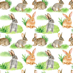 Watercolor seamless pattern with rabbits. Spring illustration, repeat ornament
