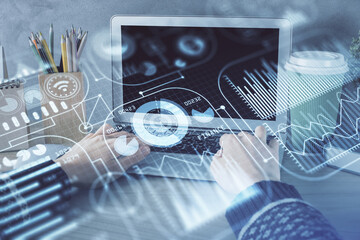 Double exposure of woman hands typing on computer and technology theme drawing. High Tech concept.