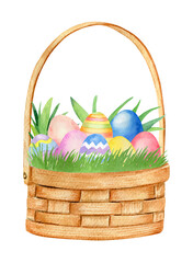 Watercolor illustration with easter eggs in basket isolated on white background.