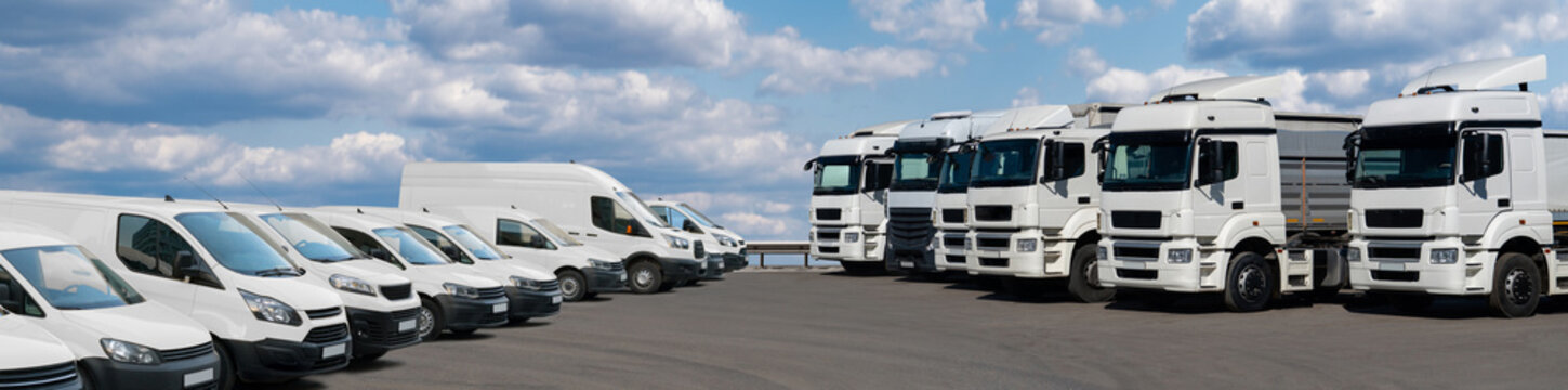 Semi trucks and delivery vans are parked in rows. Commercial fleet