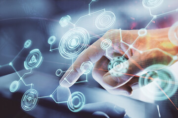 Double exposure of man's hands holding and using a phone and social network theme drawing.