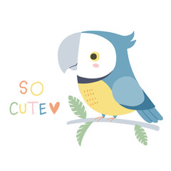 Vector illustration of cute parrot. Hand drawn cartoon tropical bird. Isolated on white background.