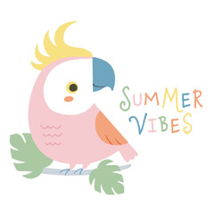 Vector illustration of cute parrot. Hand drawn cartoon tropical bird. Isolated on white background.