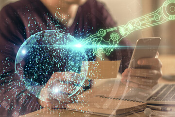 Multi exposure of man's hands holding and using a digital device and data theme drawing. Innovation concept.