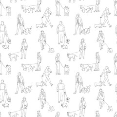Black and white monochrome seamless pattern with many people walking with dogs. Line art. On white background.