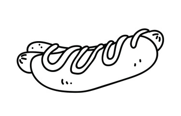 Hot dog with mustard, ketchup and salad. Hot dog icon. Vector on a white background.