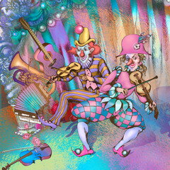 Violinists. Design inspired by an old circus. Suitable for posters, cards, announcement, advertising.