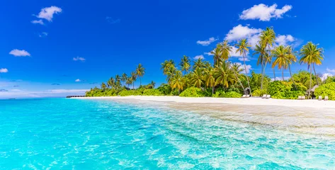 Acrylic prints Bora Bora, French Polynesia Tropical resort hotel beach paradise. Amazing nature, coast, shore. Summer vacation, travel adventure. Luxury holiday landscape, stunning ocean lagoon, blue sky palm trees. relax idyllic inspire beach