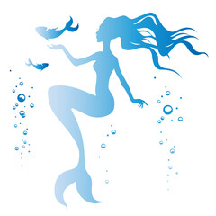 Silhouette of a mermaid, fish, air bubbles in the water. Vector illustration.