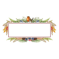 Floral natural frame. Robin bird on fall decoration. Hand drawn rustic elegant frame. Festive thanksgiving decor. Watercolor countryside boho style decor of fern, forest herbs, leaves, feathers