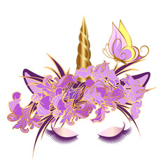 Vector unicorn face with closed eyes and wreath of lilac flowers. Golden horn. © Natalia