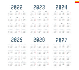Spanish calendar 2022, 2023, 2024, 2025, 2026, 2027 on white background, week starts on Monday