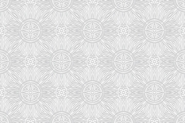 3d volumetric convex geometric white background. Eastern Islamic, Maracan style. Ornament with ethnic relief pattern. Wallpaper for presentations, websites, textiles, coloring.